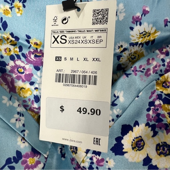 ZARA Light Blue Floral Satin Effect Short Dress XS NWT - Picture 7 of 8